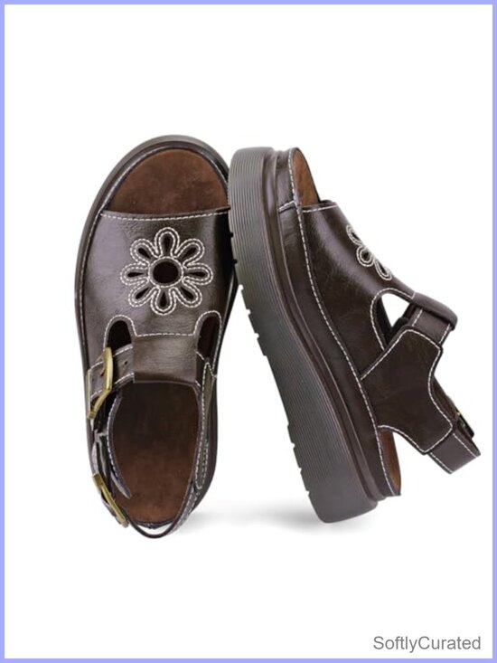 Shoes - QIV Flower Platform Sandals Chunky Fisherman Buckle Open-Toe